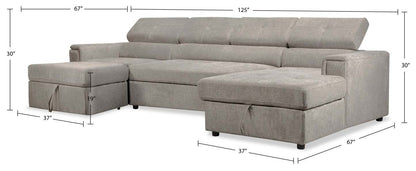 Sofa-lit sectionnel Savvy 3 pièces en tissu d’apparence lin avec 2 fauteuils longs de rangement et appuie-têtes réglables - gris