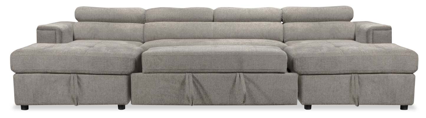 Sofa-lit sectionnel Savvy 3 pièces en tissu d’apparence lin avec 2 fauteuils longs de rangement et appuie-têtes réglables - gris