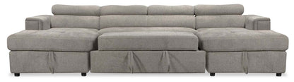 Sofa-lit sectionnel Savvy 3 pièces en tissu d’apparence lin avec 2 fauteuils longs de rangement et appuie-têtes réglables - gris