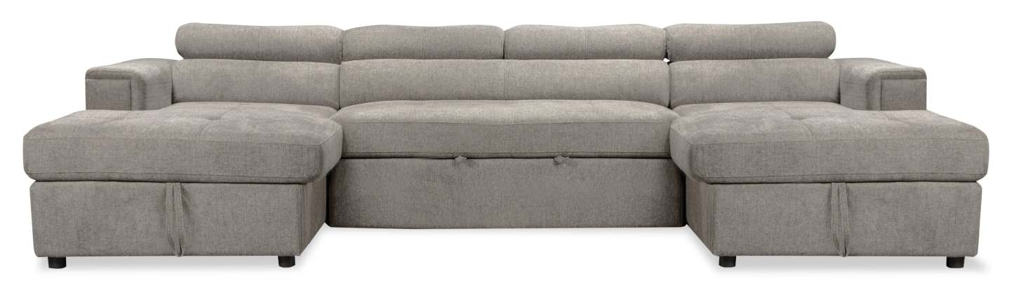 Sofa-lit sectionnel Savvy 3 pièces en tissu d’apparence lin avec 2 fauteuils longs de rangement et appuie-têtes réglables - gris