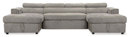 Sofa-lit sectionnel Savvy 3 pièces en tissu d’apparence lin avec 2 fauteuils longs de rangement et appuie-têtes réglables - gris