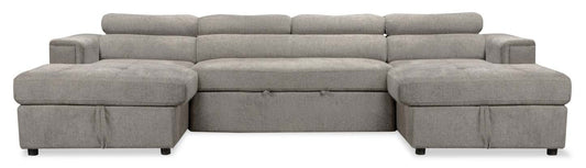 Sofa-lit sectionnel Savvy 3 pièces en tissu d’apparence lin avec 2 fauteuils longs de rangement et appuie-têtes réglables - gris
