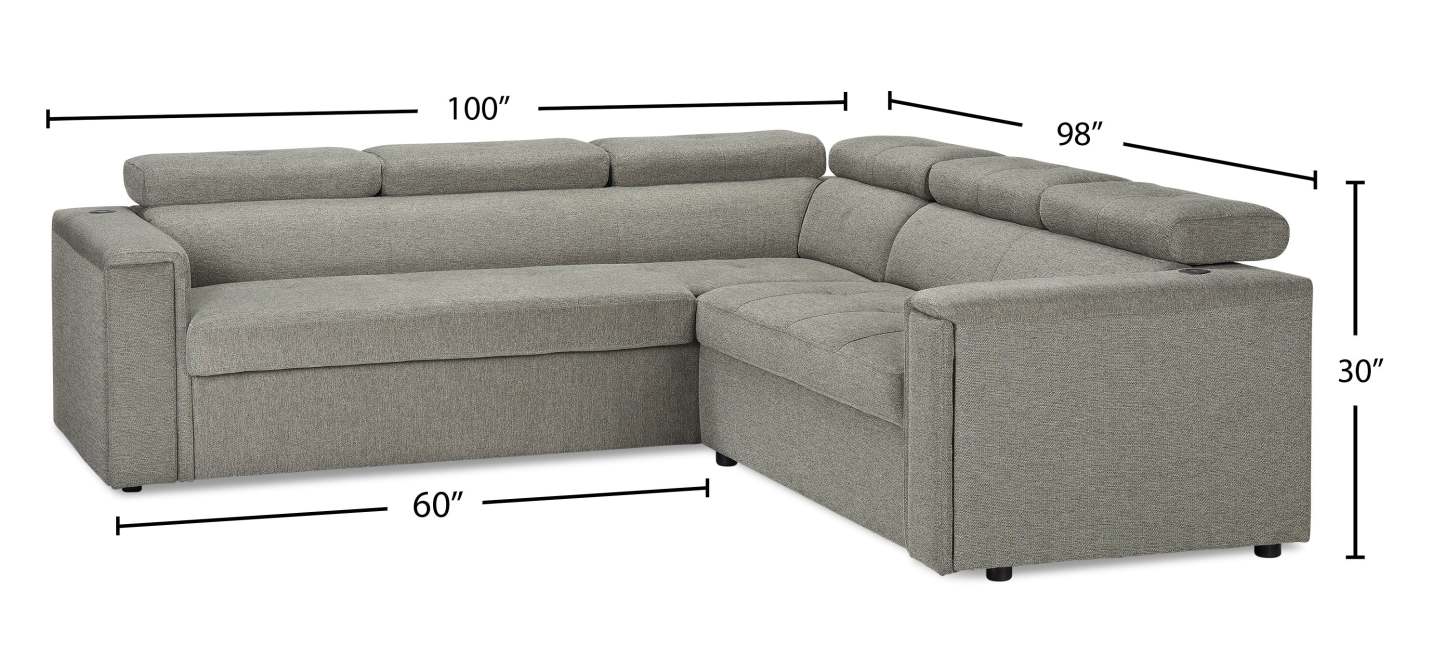 Savvy 2-Piece Left-Facing Linen-Look Fabric Sectional with Adjustable Headrests, Cupholders and USB Port - Grey | Sofa sectionnel de gauche Savvy 2 pièces en tissu d’apparence lin avec appuie-têtes réglables, porte-gobelets et port USB - gris