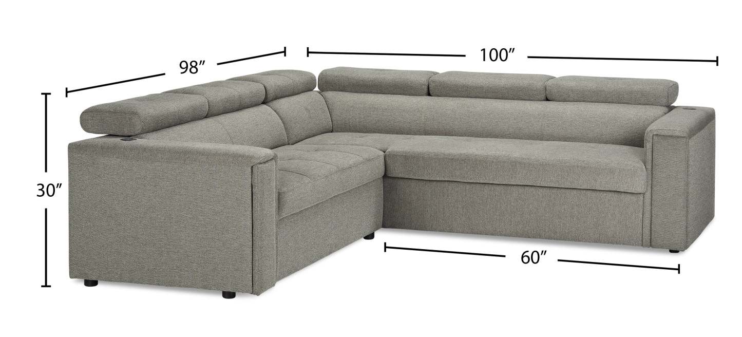 Savvy 2-Piece Right-Facing Linen-Look Fabric Sectional with Adjustable Headrests, Cupholders and USB Port - Grey | Canapé sectionnel droit Savvy 2 pièces en tissu d’apparence lin avec appuie-têtes réglables, porte-gobelets et port USB - gris