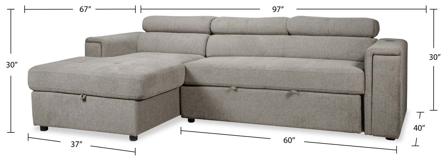 Savvy 2-Piece Left-Facing Linen-Look Fabric Sleeper Sectional with Storage Chaise and Adjustable Headrests - Grey | Canapé-lit sectionnel gauche Savvy 2 pièces en tissu d’apparence lin avec chaise longue de rangement et appuie-têtes réglables - gris