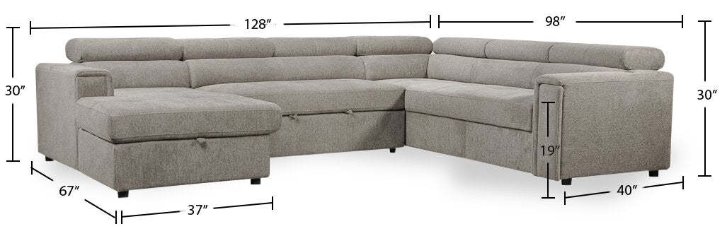 Savvy 3-Piece Left-Facing Linen-Look Fabric Sleeper Sectional with Storage Chaise and Adjustable Headrests - Grey | Sofa-lit sectionnel de gauche Savvy 3 pièces en tissu d’apparence lin avec fauteuil long de rangement et appuie-têtes réglables - gris