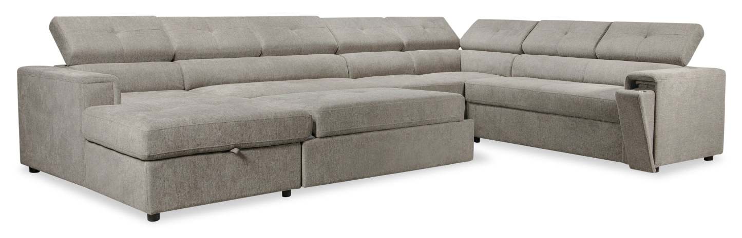 Savvy 5-Piece Left-Facing Linen-Look Fabric Sleeper Sectional with Storage Chaise and Adjustable Headrests - Grey | Canapé-lit sectionnel gauche Savvy 5 pièces en tissu d’apparence lin avec chaise longue de rangement et appuie-têtes réglables - gris