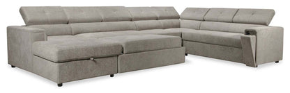 Savvy 5-Piece Left-Facing Linen-Look Fabric Sleeper Sectional with Storage Chaise and Adjustable Headrests - Grey | Canapé-lit sectionnel gauche Savvy 5 pièces en tissu d’apparence lin avec chaise longue de rangement et appuie-têtes réglables - gris