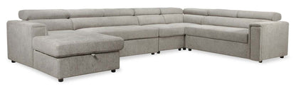 Savvy 5-Piece Left-Facing Linen-Look Fabric Sleeper Sectional with Storage Chaise and Adjustable Headrests - Grey | Canapé-lit sectionnel gauche Savvy 5 pièces en tissu d’apparence lin avec chaise longue de rangement et appuie-têtes réglables - gris