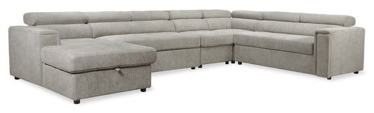 Savvy 5-Piece Left-Facing Linen-Look Fabric Sleeper Sectional with Storage Chaise and Adjustable Headrests - Grey | Canapé-lit sectionnel gauche Savvy 5 pièces en tissu d’apparence lin avec chaise longue de rangement et appuie-têtes réglables - gris