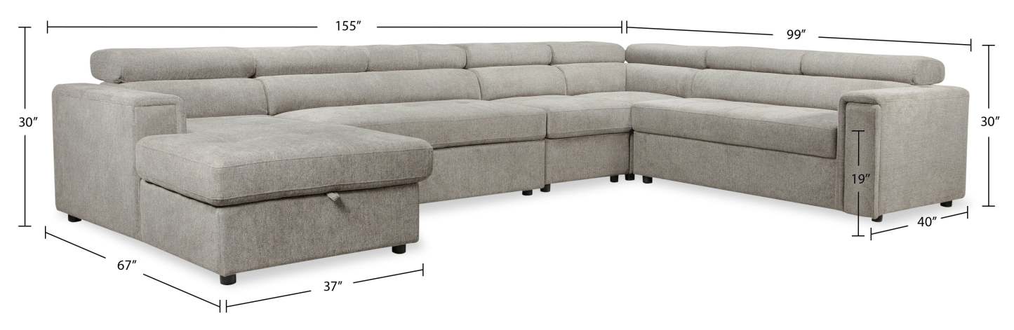 Savvy 5-Piece Left-Facing Linen-Look Fabric Sleeper Sectional with Storage Chaise and Adjustable Headrests - Grey | Canapé-lit sectionnel gauche Savvy 5 pièces en tissu d’apparence lin avec chaise longue de rangement et appuie-têtes réglables - gris