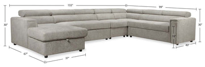 Savvy 5-Piece Left-Facing Linen-Look Fabric Sleeper Sectional with Storage Chaise and Adjustable Headrests - Grey | Canapé-lit sectionnel gauche Savvy 5 pièces en tissu d’apparence lin avec chaise longue de rangement et appuie-têtes réglables - gris