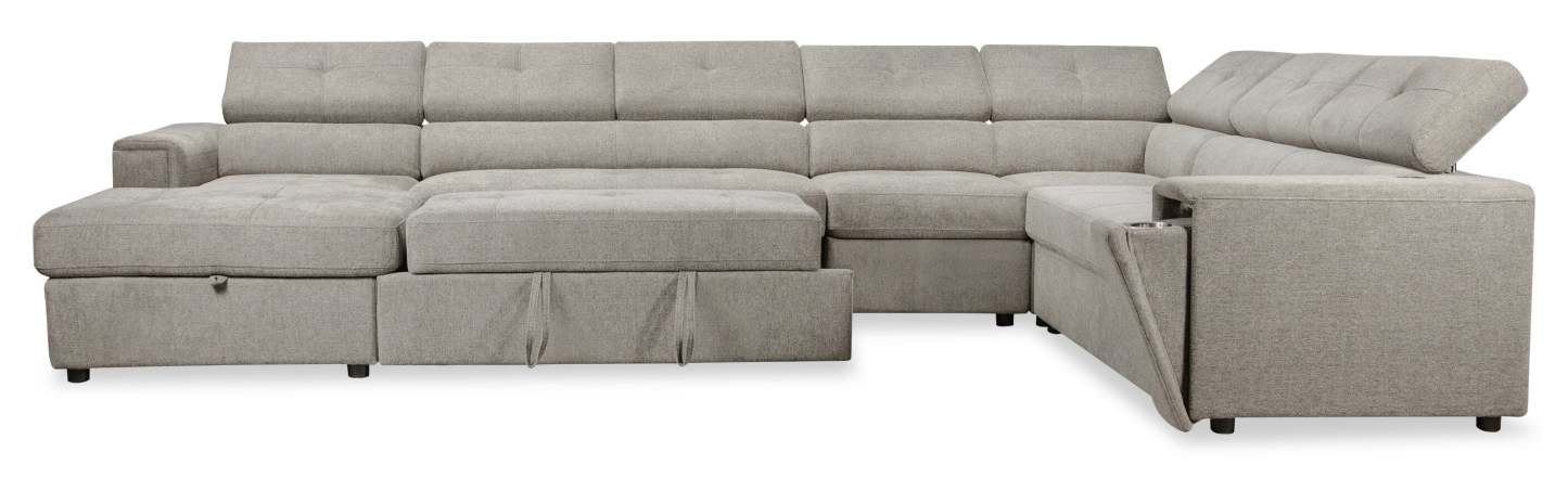 Savvy 5-Piece Left-Facing Linen-Look Fabric Sleeper Sectional with Storage Chaise and Adjustable Headrests - Grey | Canapé-lit sectionnel gauche Savvy 5 pièces en tissu d’apparence lin avec chaise longue de rangement et appuie-têtes réglables - gris