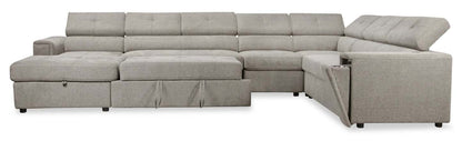 Savvy 5-Piece Left-Facing Linen-Look Fabric Sleeper Sectional with Storage Chaise and Adjustable Headrests - Grey | Canapé-lit sectionnel gauche Savvy 5 pièces en tissu d’apparence lin avec chaise longue de rangement et appuie-têtes réglables - gris