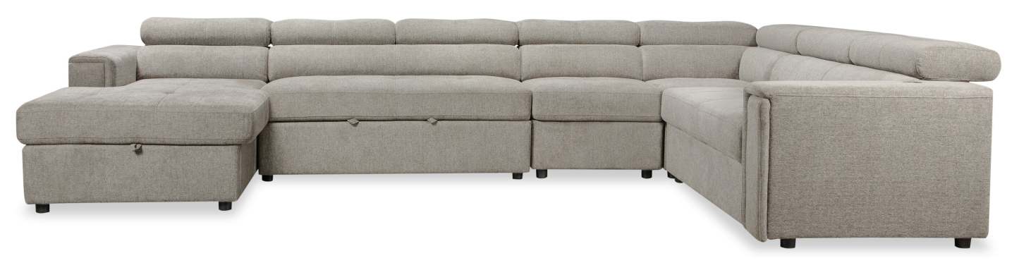 Savvy 5-Piece Left-Facing Linen-Look Fabric Sleeper Sectional with Storage Chaise and Adjustable Headrests - Grey | Canapé-lit sectionnel gauche Savvy 5 pièces en tissu d’apparence lin avec chaise longue de rangement et appuie-têtes réglables - gris