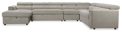 Savvy 5-Piece Left-Facing Linen-Look Fabric Sleeper Sectional with Storage Chaise and Adjustable Headrests - Grey | Canapé-lit sectionnel gauche Savvy 5 pièces en tissu d’apparence lin avec chaise longue de rangement et appuie-têtes réglables - gris