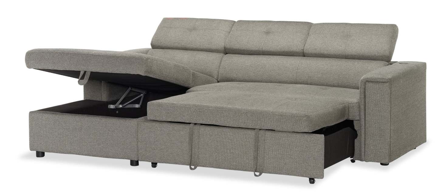 Savvy 2-Piece Left-Facing Linen-Look Fabric Sleeper Sectional with Storage Chaise and Adjustable Headrests - Grey | Canapé-lit sectionnel gauche Savvy 2 pièces en tissu d’apparence lin avec chaise longue de rangement et appuie-têtes réglables - gris