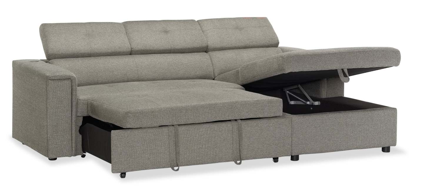 Sofa-lit sectionnel de droite Savvy 2 pièces en tissu d’apparence lin avec fauteuil long de rangement et appuie-têtes réglables - gris