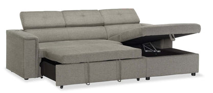 Sofa-lit sectionnel de droite Savvy 2 pièces en tissu d’apparence lin avec fauteuil long de rangement et appuie-têtes réglables - gris