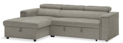Savvy 2-Piece Left-Facing Linen-Look Fabric Sleeper Sectional with Storage Chaise and Adjustable Headrests - Grey | Canapé-lit sectionnel gauche Savvy 2 pièces en tissu d’apparence lin avec chaise longue de rangement et appuie-têtes réglables - gris