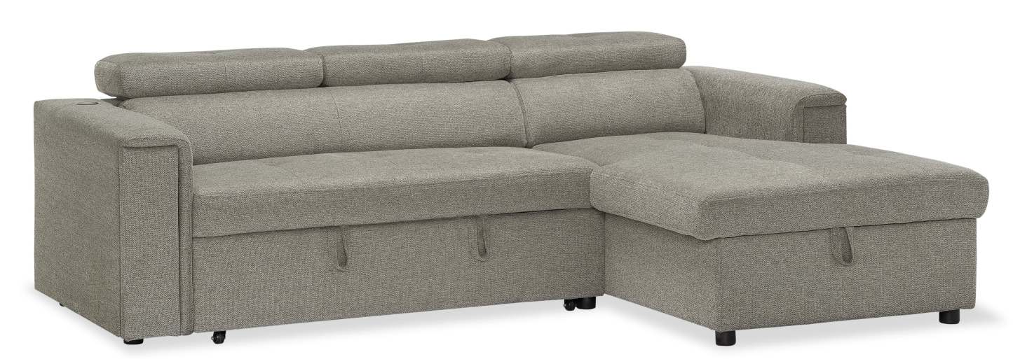 Sofa-lit sectionnel de droite Savvy 2 pièces en tissu d’apparence lin avec fauteuil long de rangement et appuie-têtes réglables - gris