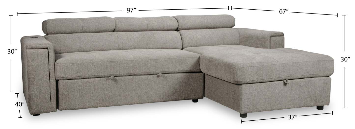 Sofa-lit sectionnel de droite Savvy 2 pièces en tissu d’apparence lin avec fauteuil long de rangement et appuie-têtes réglables - gris