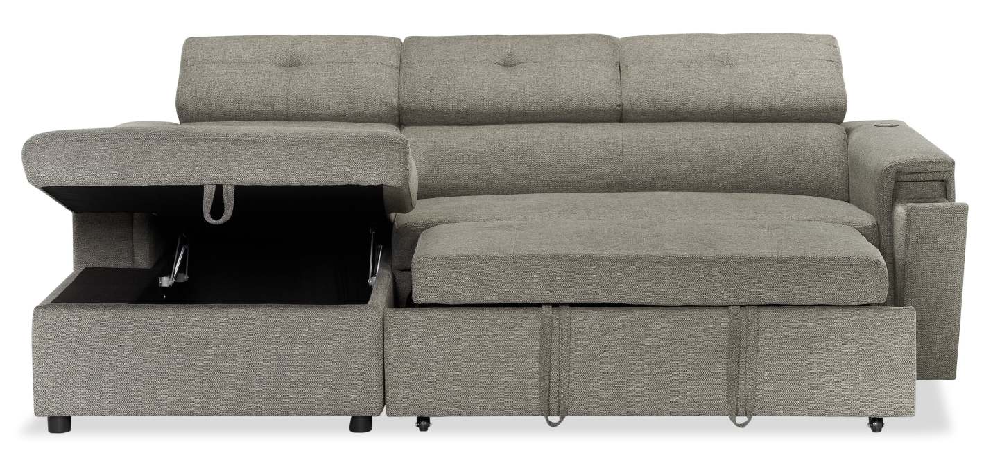 Savvy 2-Piece Left-Facing Linen-Look Fabric Sleeper Sectional with Storage Chaise and Adjustable Headrests - Grey | Canapé-lit sectionnel gauche Savvy 2 pièces en tissu d’apparence lin avec chaise longue de rangement et appuie-têtes réglables - gris