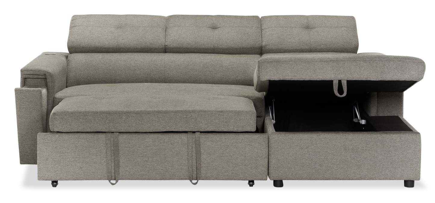 Sofa-lit sectionnel de droite Savvy 2 pièces en tissu d’apparence lin avec fauteuil long de rangement et appuie-têtes réglables - gris