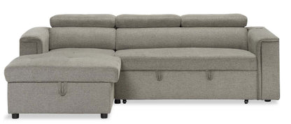 Savvy 2-Piece Left-Facing Linen-Look Fabric Sleeper Sectional with Storage Chaise and Adjustable Headrests - Grey | Canapé-lit sectionnel gauche Savvy 2 pièces en tissu d’apparence lin avec chaise longue de rangement et appuie-têtes réglables - gris