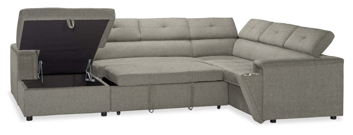 Savvy 3-Piece Left-Facing Linen-Look Fabric Sleeper Sectional with Storage Chaise and Adjustable Headrests - Grey | Sofa-lit sectionnel de gauche Savvy 3 pièces en tissu d’apparence lin avec fauteuil long de rangement et appuie-têtes réglables - gris