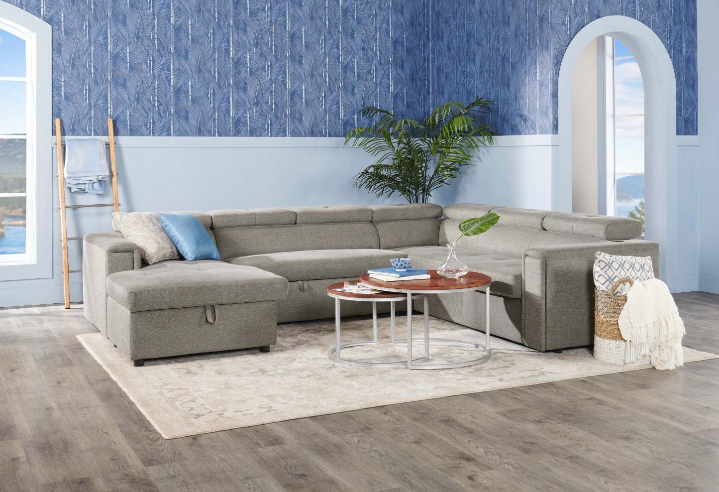 Savvy 3-Piece Left-Facing Linen-Look Fabric Sleeper Sectional with Storage Chaise and Adjustable Headrests - Grey | Sofa-lit sectionnel de gauche Savvy 3 pièces en tissu d’apparence lin avec fauteuil long de rangement et appuie-têtes réglables - gris