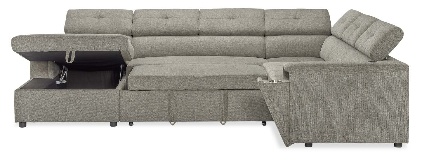 Savvy 3-Piece Left-Facing Linen-Look Fabric Sleeper Sectional with Storage Chaise and Adjustable Headrests - Grey | Sofa-lit sectionnel de gauche Savvy 3 pièces en tissu d’apparence lin avec fauteuil long de rangement et appuie-têtes réglables - gris