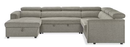 Savvy 3-Piece Left-Facing Linen-Look Fabric Sleeper Sectional with Storage Chaise and Adjustable Headrests - Grey | Sofa-lit sectionnel de gauche Savvy 3 pièces en tissu d’apparence lin avec fauteuil long de rangement et appuie-têtes réglables - gris