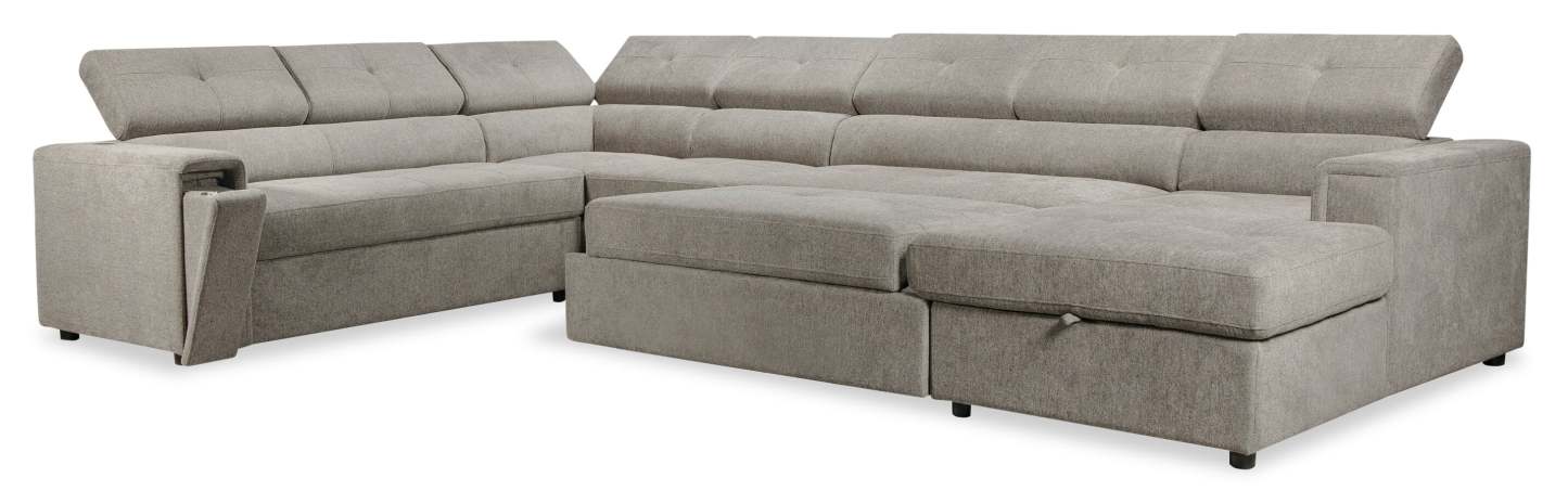 Sofa-lit sectionnel de droite Savvy 5 pièces en tissu d’apparence lin avec fauteuil long de rangement et appuie-têtes réglables - gris