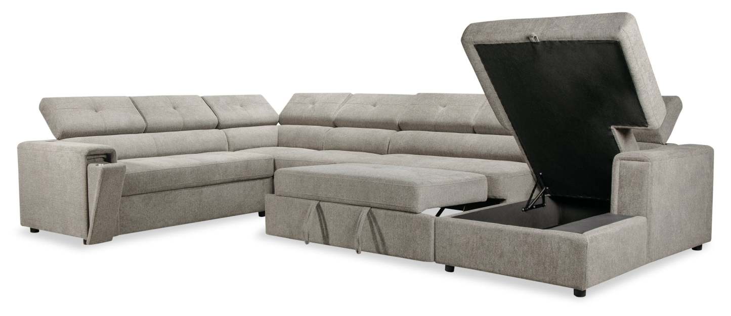 Sofa-lit sectionnel de droite Savvy 5 pièces en tissu d’apparence lin avec fauteuil long de rangement et appuie-têtes réglables - gris