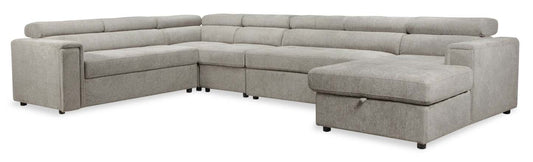 Sofa-lit sectionnel de droite Savvy 5 pièces en tissu d’apparence lin avec fauteuil long de rangement et appuie-têtes réglables - gris