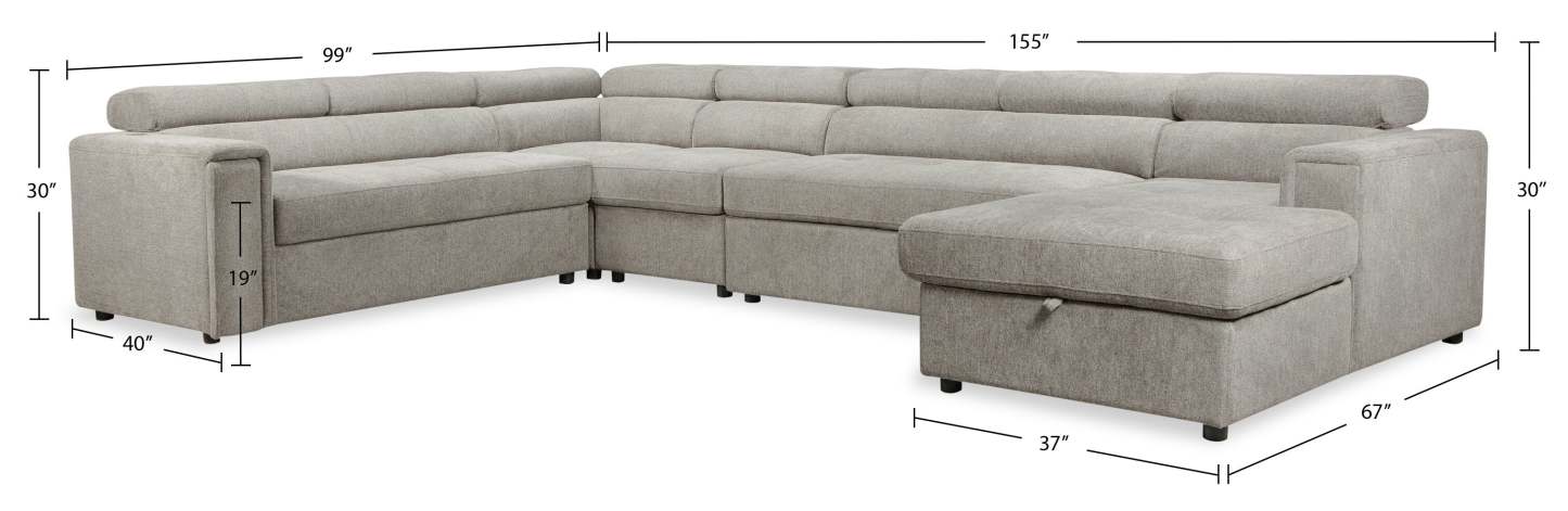 Sofa-lit sectionnel de droite Savvy 5 pièces en tissu d’apparence lin avec fauteuil long de rangement et appuie-têtes réglables - gris