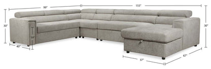 Sofa-lit sectionnel de droite Savvy 5 pièces en tissu d’apparence lin avec fauteuil long de rangement et appuie-têtes réglables - gris