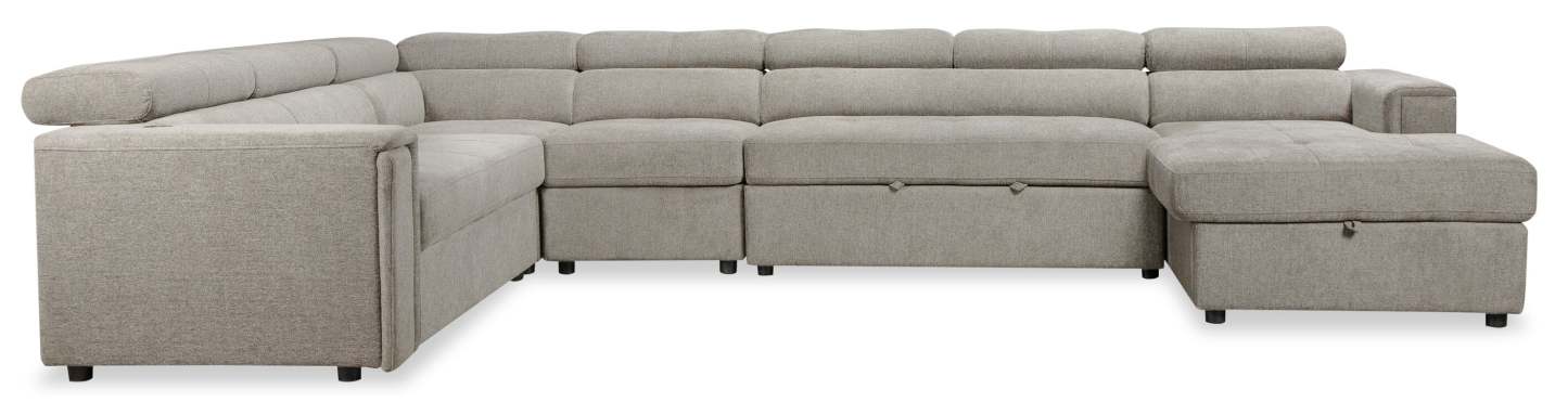 Sofa-lit sectionnel de droite Savvy 5 pièces en tissu d’apparence lin avec fauteuil long de rangement et appuie-têtes réglables - gris