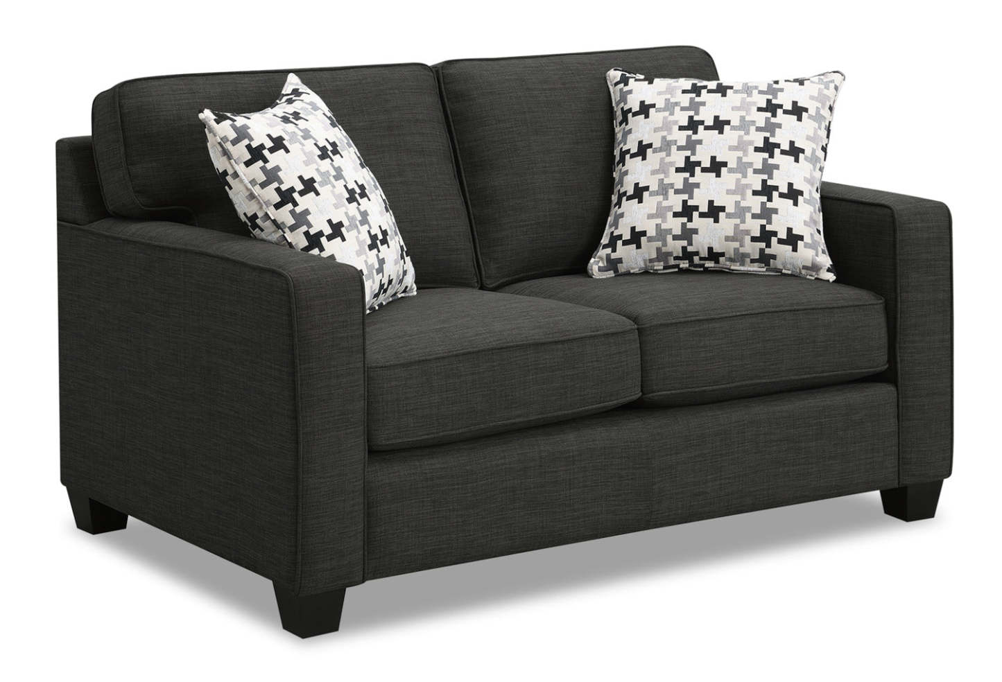 Made in Canada Sawyer 57 Linen-Look Fabric Loveseat with Reversible Cushions and Accent Pillows - Charcoal Grey | Causeuse Sawyer de 57 po fabriquée au Canada en tissu d’apparence lin avec coussins réversibles et coussins décoratifs - gris anthracite