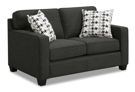 Made in Canada Sawyer 57 Linen-Look Fabric Loveseat with Reversible Cushions and Accent Pillows - Charcoal Grey | Causeuse Sawyer de 57 po fabriquée au Canada en tissu d’apparence lin avec coussins réversibles et coussins décoratifs - gris anthracite