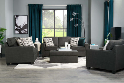 Made in Canada Sawyer 57 Linen-Look Fabric Loveseat with Reversible Cushions and Accent Pillows - Charcoal Grey | Causeuse Sawyer de 57 po fabriquée au Canada en tissu d’apparence lin avec coussins réversibles et coussins décoratifs - gris anthracite