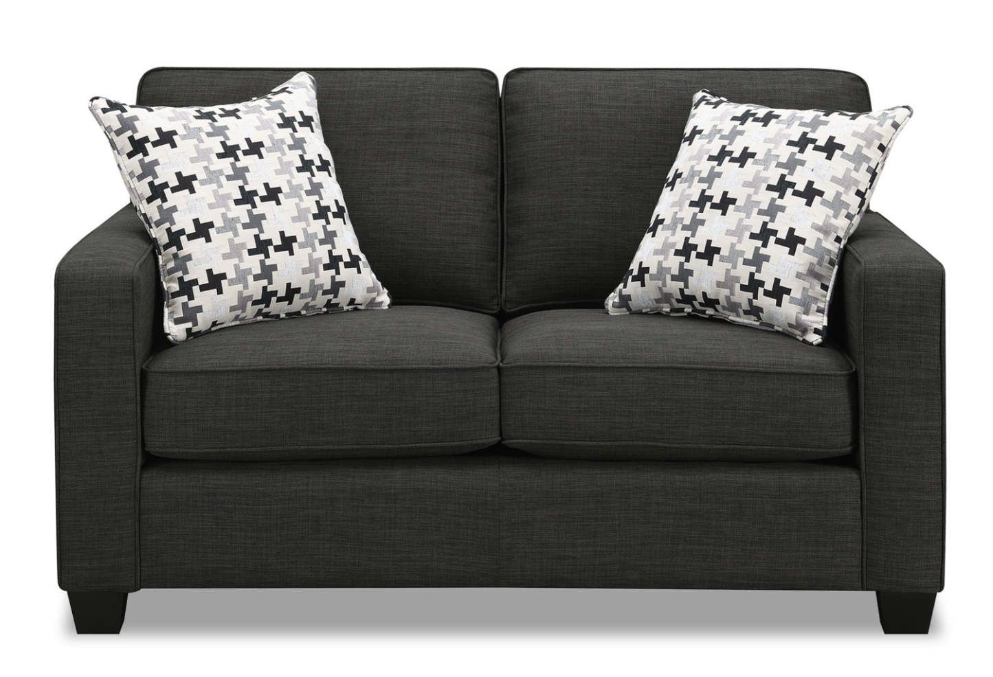 Made in Canada Sawyer 57 Linen-Look Fabric Loveseat with Reversible Cushions and Accent Pillows - Charcoal Grey | Causeuse Sawyer de 57 po fabriquée au Canada en tissu d’apparence lin avec coussins réversibles et coussins décoratifs - gris anthracite