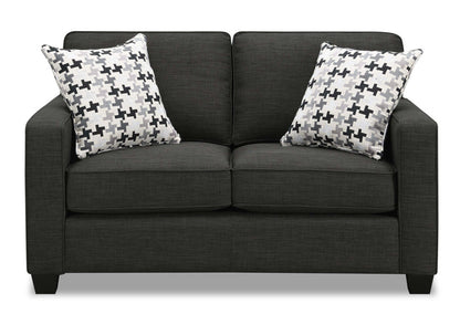 Made in Canada Sawyer 57 Linen-Look Fabric Loveseat with Reversible Cushions and Accent Pillows - Charcoal Grey | Causeuse Sawyer de 57 po fabriquée au Canada en tissu d’apparence lin avec coussins réversibles et coussins décoratifs - gris anthracite