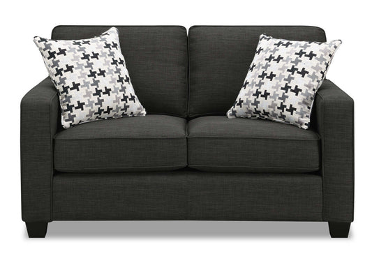 Made in Canada Sawyer 57 Linen-Look Fabric Loveseat with Reversible Cushions and Accent Pillows - Charcoal Grey | Causeuse Sawyer de 57 po fabriquée au Canada en tissu d’apparence lin avec coussins réversibles et coussins décoratifs - gris anthracite