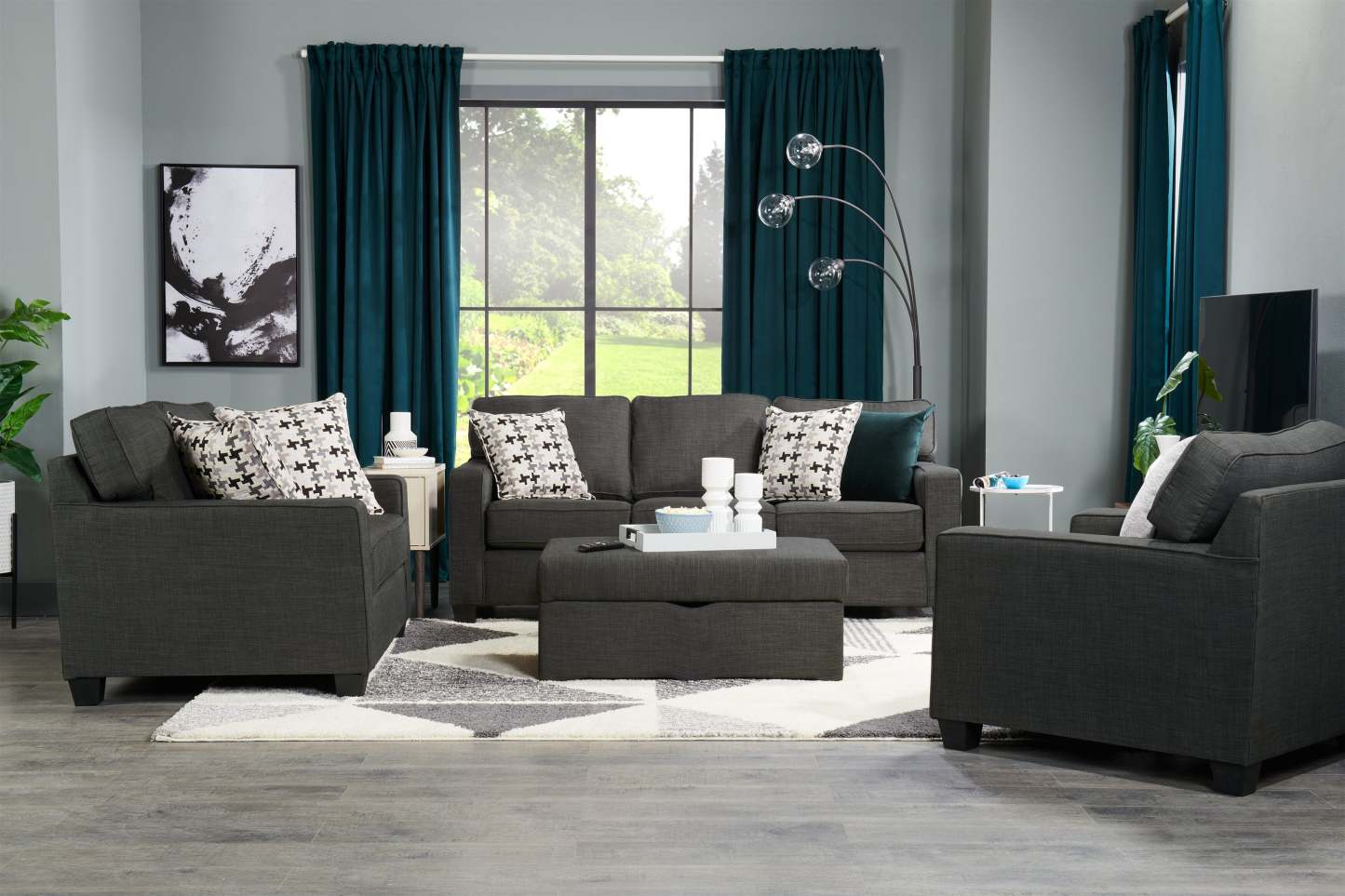 Fabriqué au Canada, canapé Sawyer de 83 po en tissu d’apparence lin avec coussins réversibles et coussins décoratifs - gris anthracite