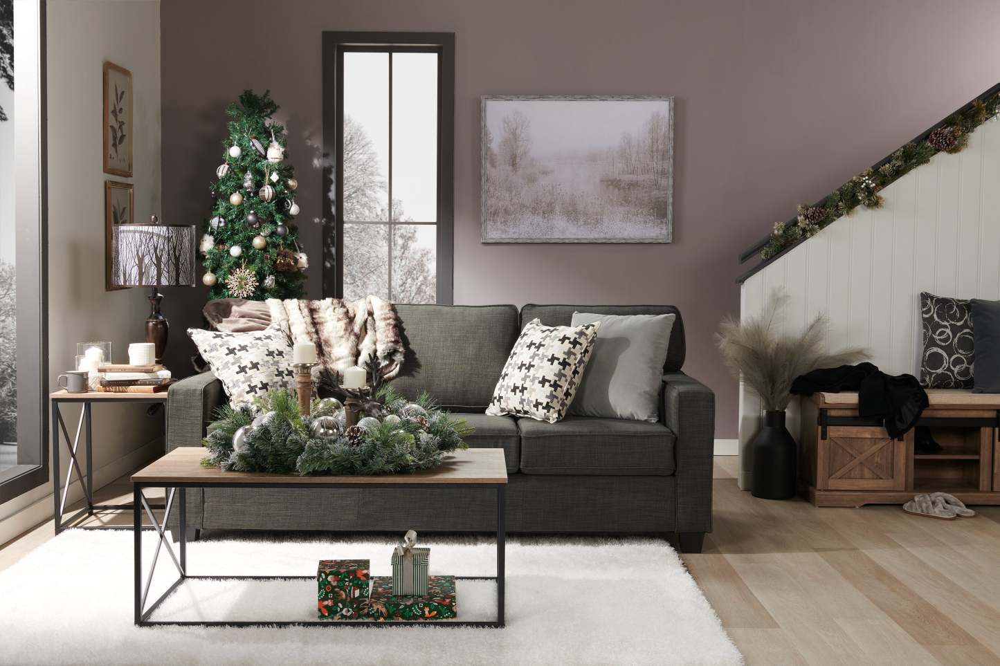 Fabriqué au Canada, canapé Sawyer de 83 po en tissu d’apparence lin avec coussins réversibles et coussins décoratifs - gris anthracite