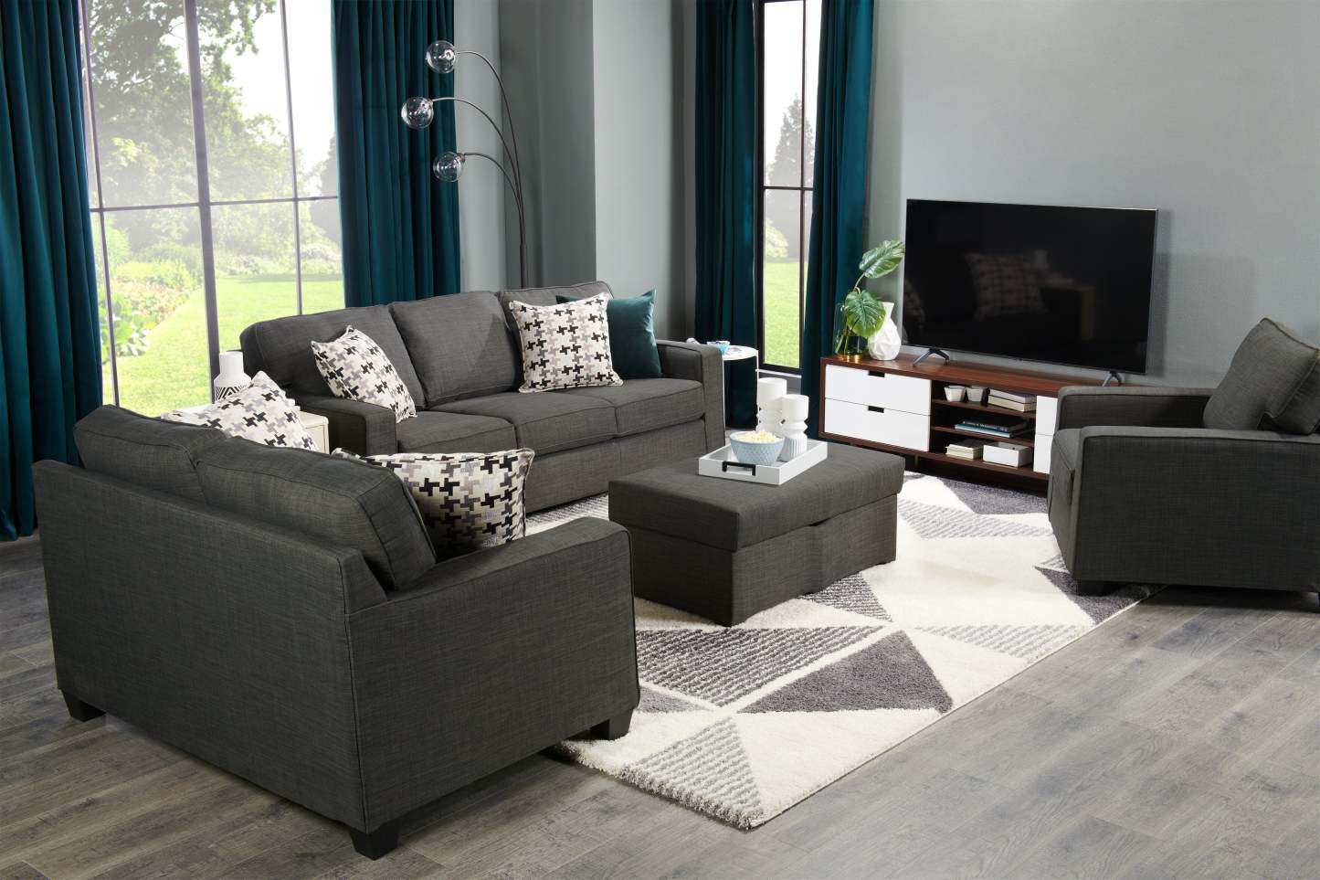 Fabriqué au Canada, canapé Sawyer de 83 po en tissu d’apparence lin avec coussins réversibles et coussins décoratifs - gris anthracite