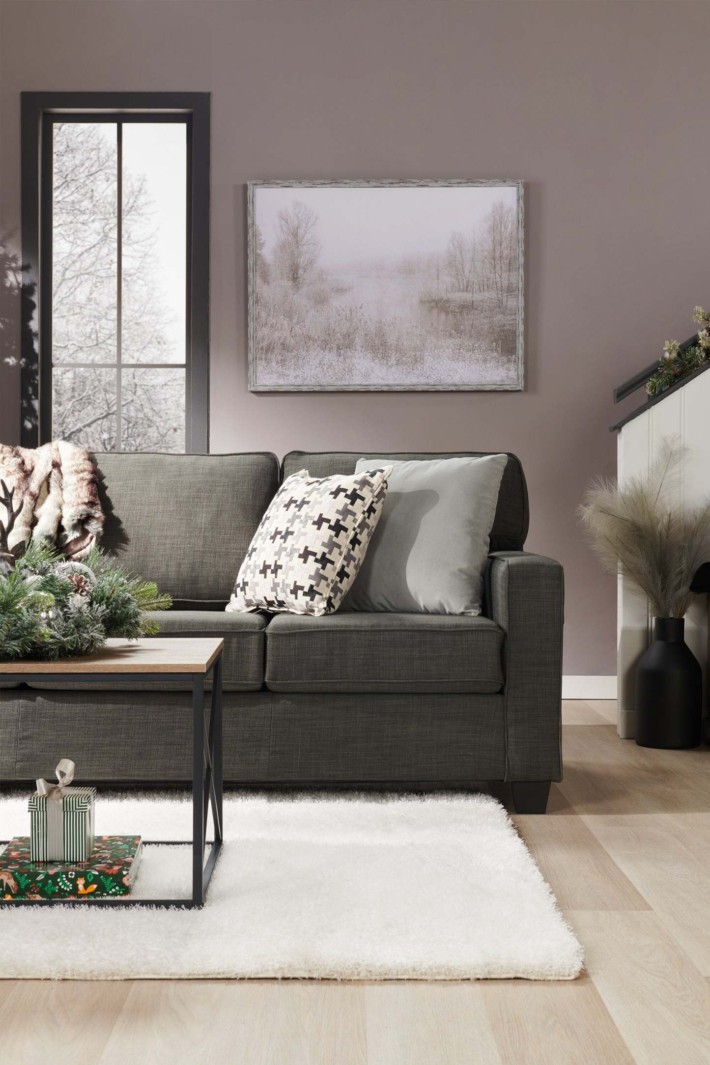 Fabriqué au Canada, canapé Sawyer de 83 po en tissu d’apparence lin avec coussins réversibles et coussins décoratifs - gris anthracite