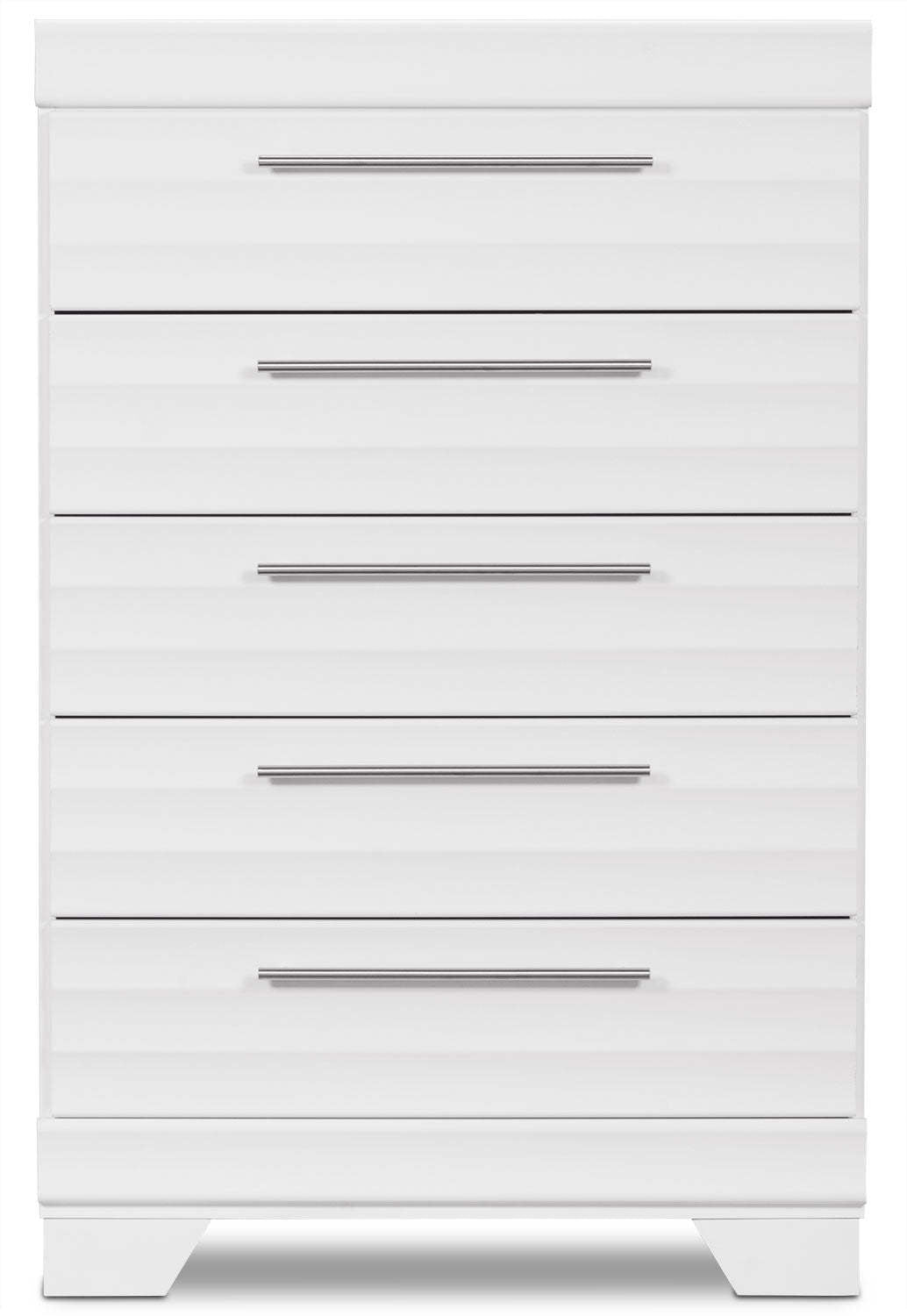 Commode de chambre à coucher Olivia, 5 tiroirs, 31 l x 47,9 h, fabriquée au Canada - Blanc | Commode verticale Olivia de 31 po (L) x 47,9 po (H) à 5 tiroirs pour la chambre à coucher, fabriquée au Canada - blanche